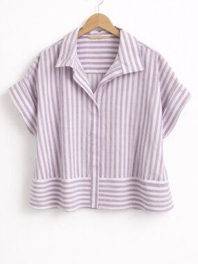 Hope & Harlow Striped Blouse XL NWOT Purple White Short Sleeve Button Front Top